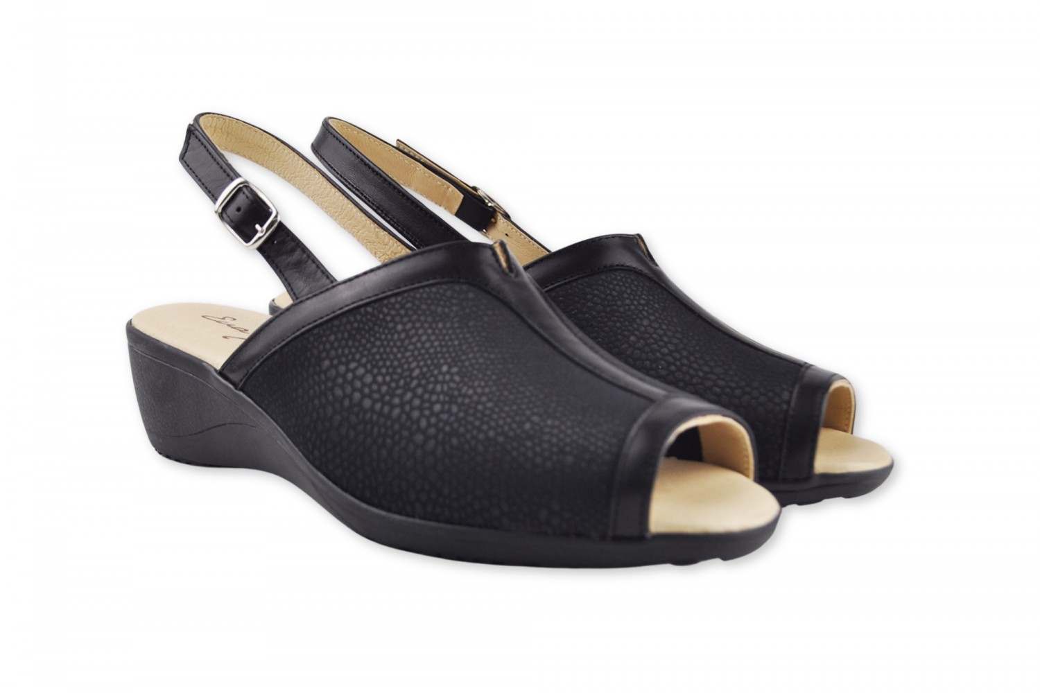 PEEP-TOE NEGRO SANDALIA DESTALONADA PIEL CONFORT EVA MAÑAS